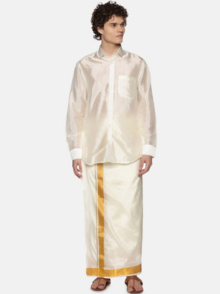 Sethukrishna Men Cream-Colored & Golden Solid Veshti - Distacart