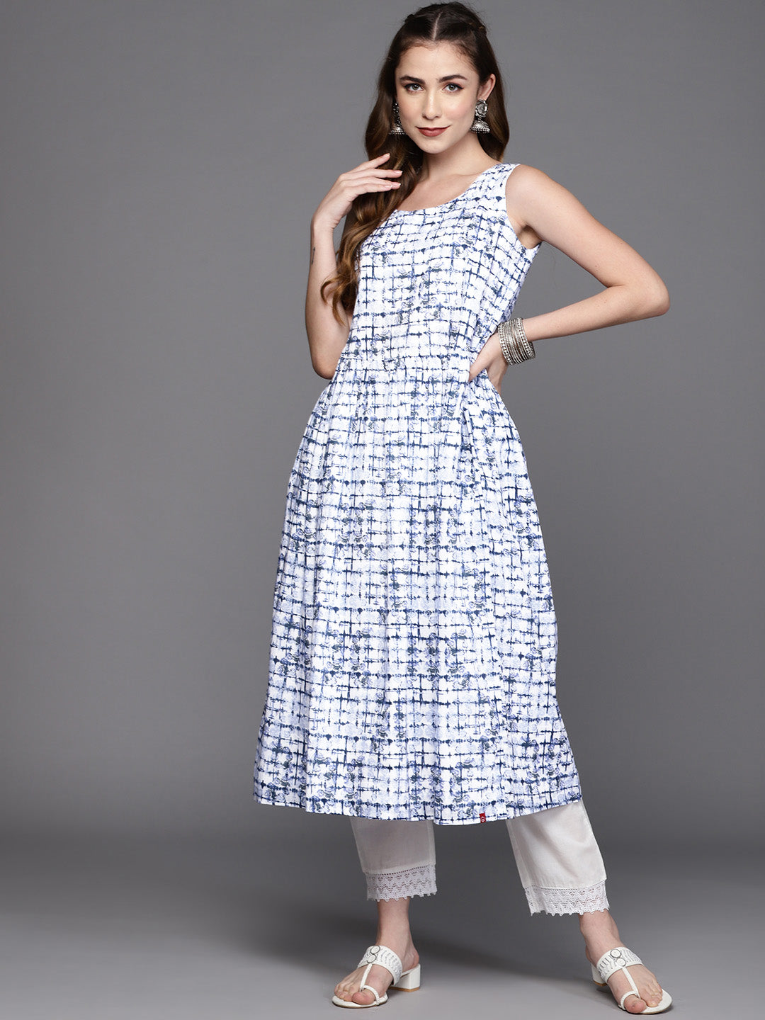 Biba Women White & Navy Blue Pure Cotton Checked A-Line Kurta - Distacart