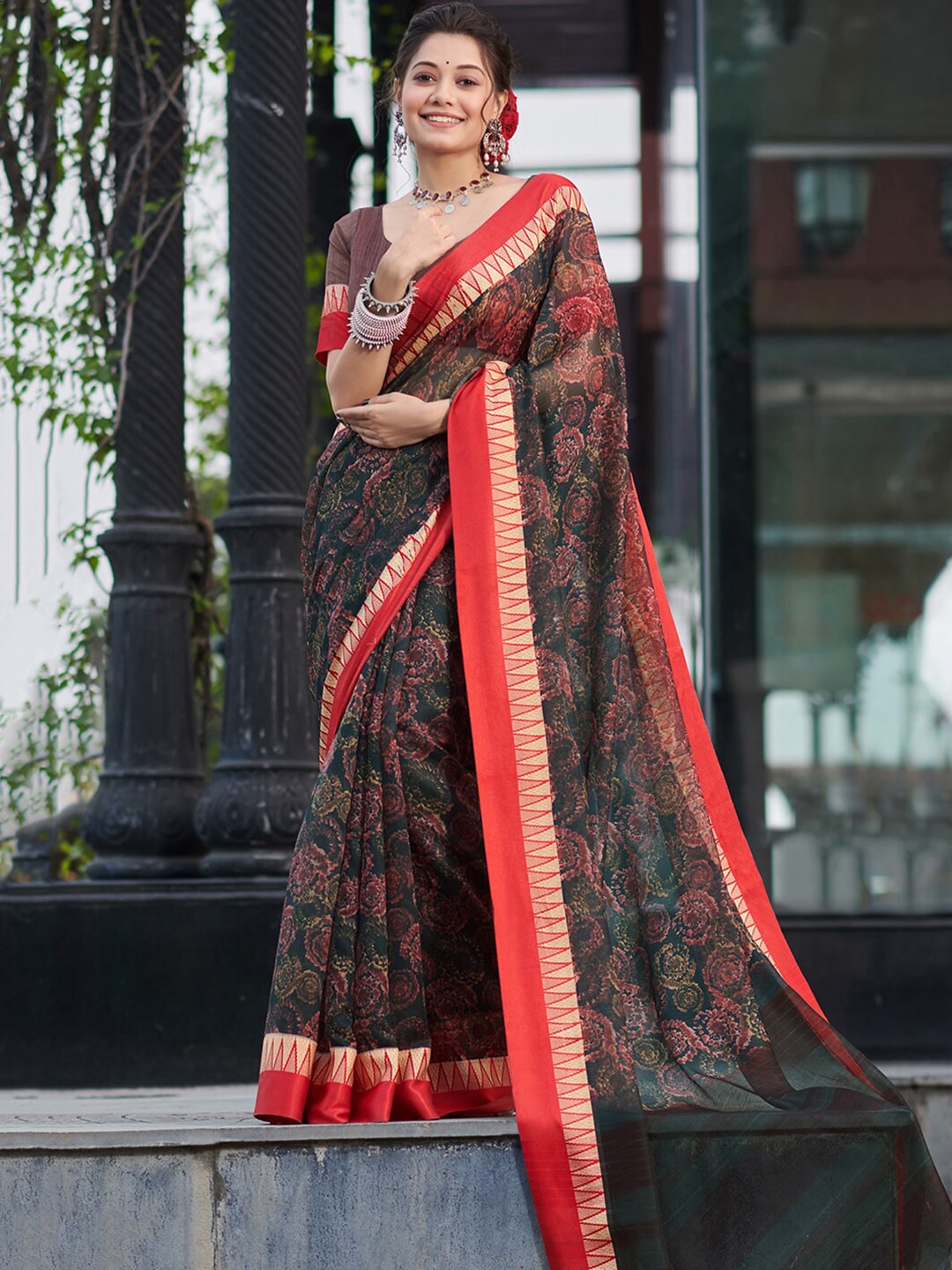 Saree Mall Floral Printed Linen Blend Block Print Sarees - Distacart