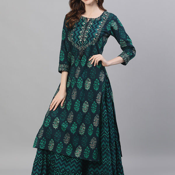 Ishin Women Navy Blue Printed Kurta with Skirt - Distacart