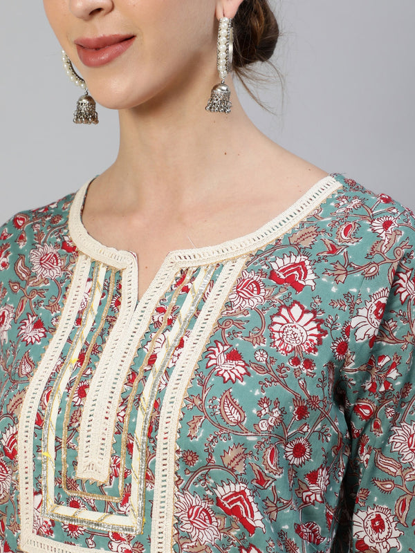 Ishin Women Green Ethnic Motifs Pleated Pure Cotton Kurti with Trousers & Dupatta - Distacart
