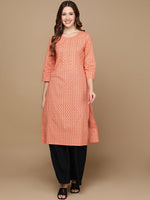 Thumbnail for HERE&NOW Peach-Color & Red Chevron Printed Beads Pure Cotton Kurta - Distacart