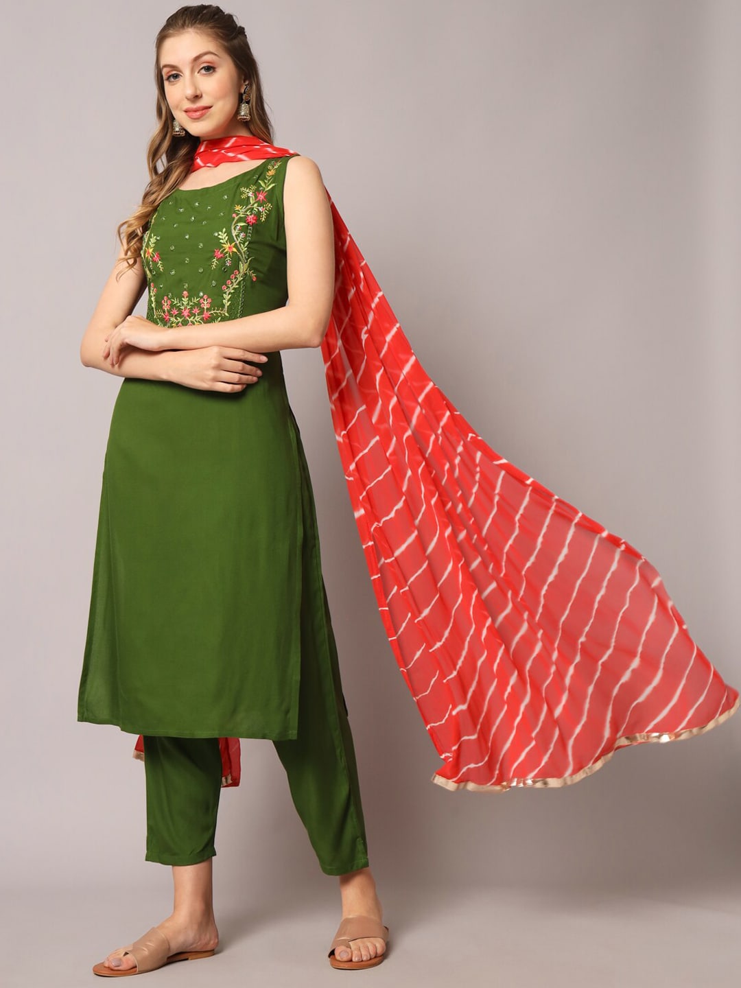 Kalini Floral Embroidered Mirror Work Kurta with Trousers & Dupatta - Distacart