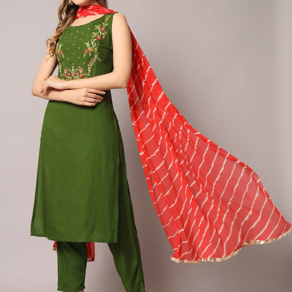 Kalini Floral Embroidered Mirror Work Kurta with Trousers & Dupatta - Distacart