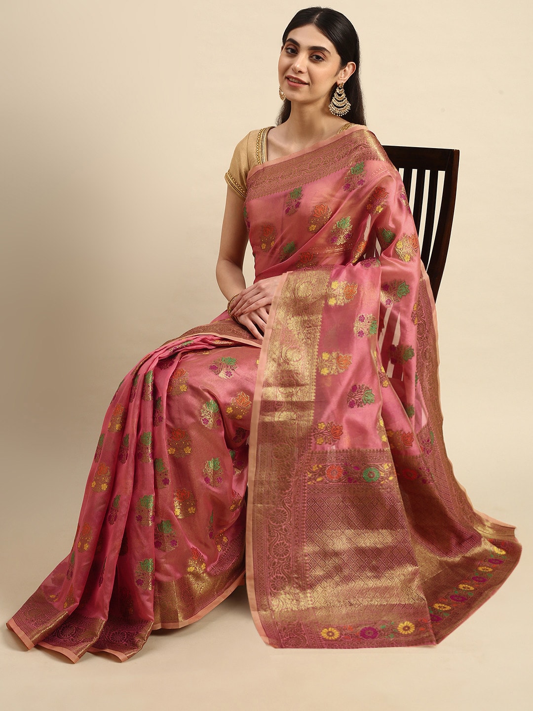 Mitera Pink & Green Floral Zari Organza Kanjeevaram Saree - Distacart