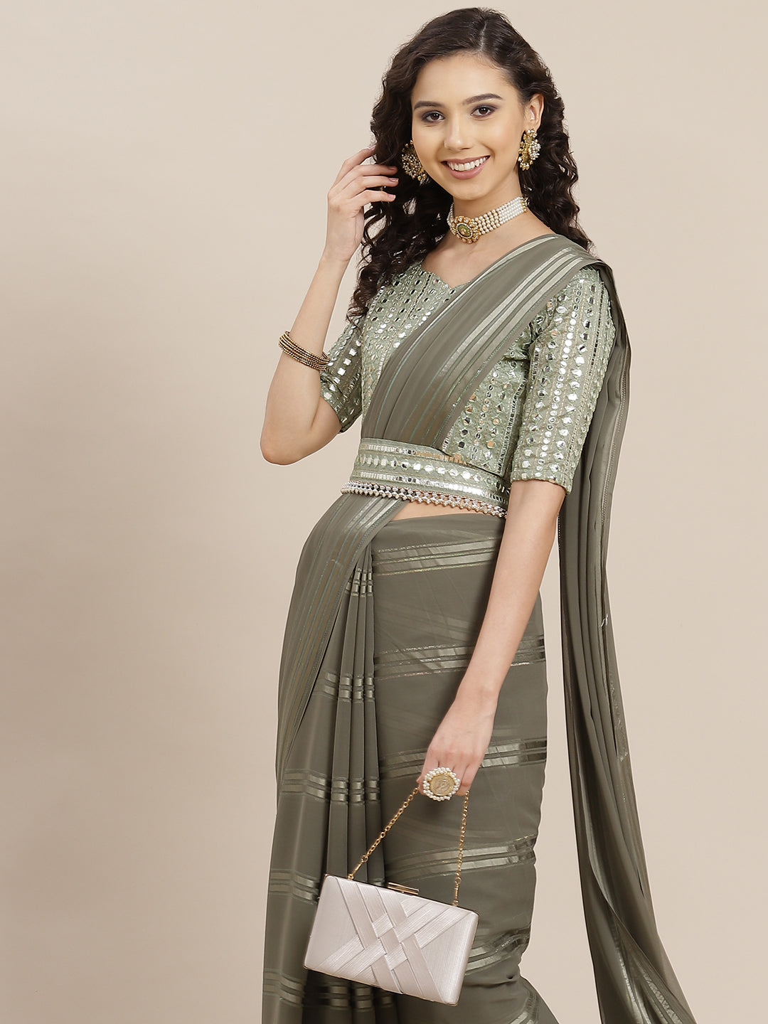 Saree Mall Taupe Striped Leheriya Saree With Belt - Distacart