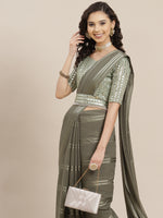 Thumbnail for Saree Mall Taupe Striped Leheriya Saree With Belt - Distacart