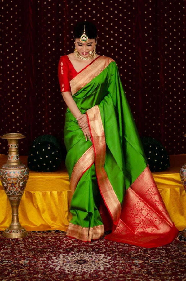 DEIANA'S Beautiful Golden Jari with New Design Soft Lichi Silk Saree - Green - Distacart