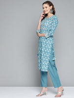 Thumbnail for HERE&NOW Women Blue Floral Printed Thread Work Pure Cotton Kurta with Trousers & With Dupatta - Distacart