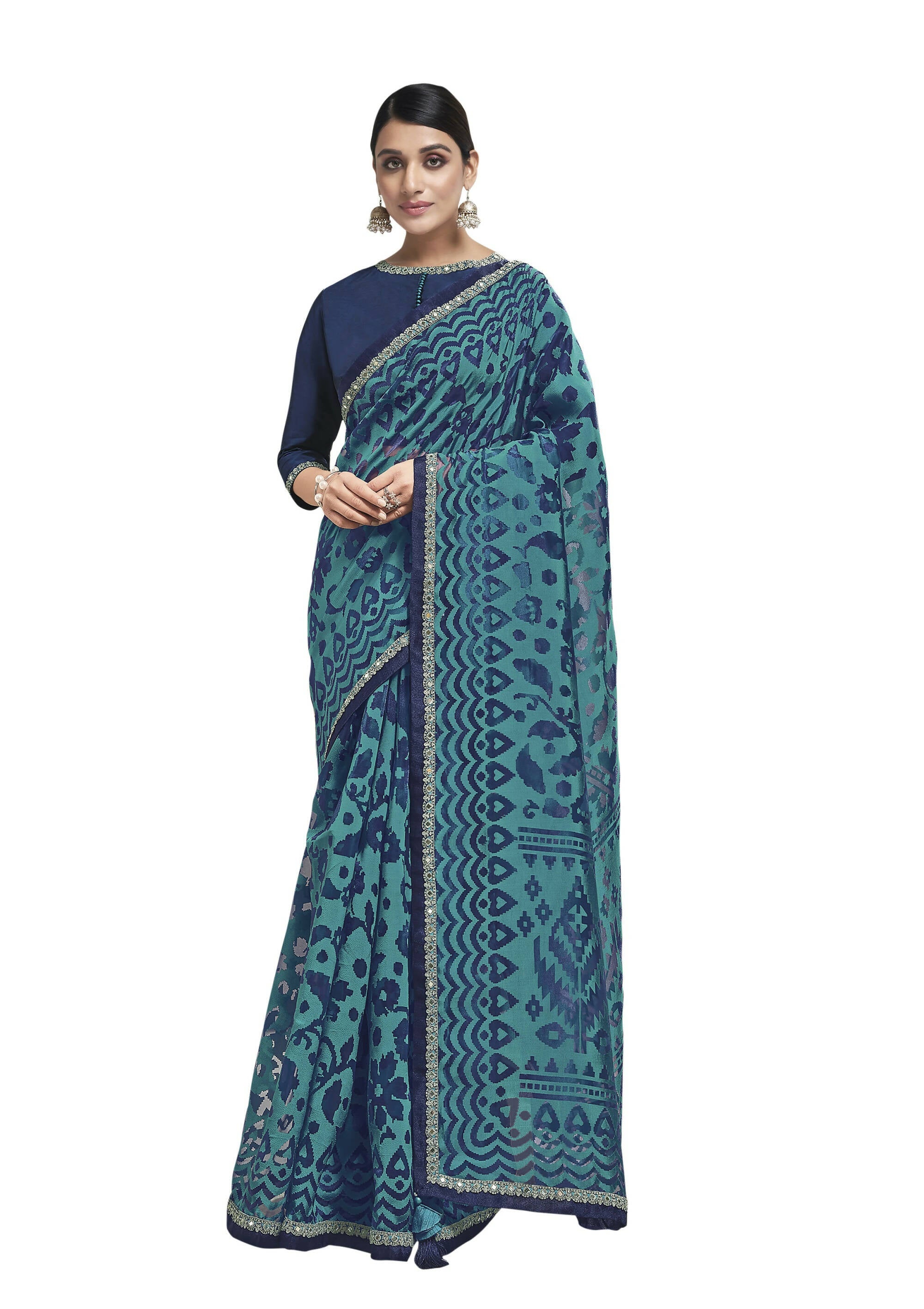 Blue Organza Weave Floral & Geomertic Saree With Blouse Piece - Norita Avyaan - Distacart