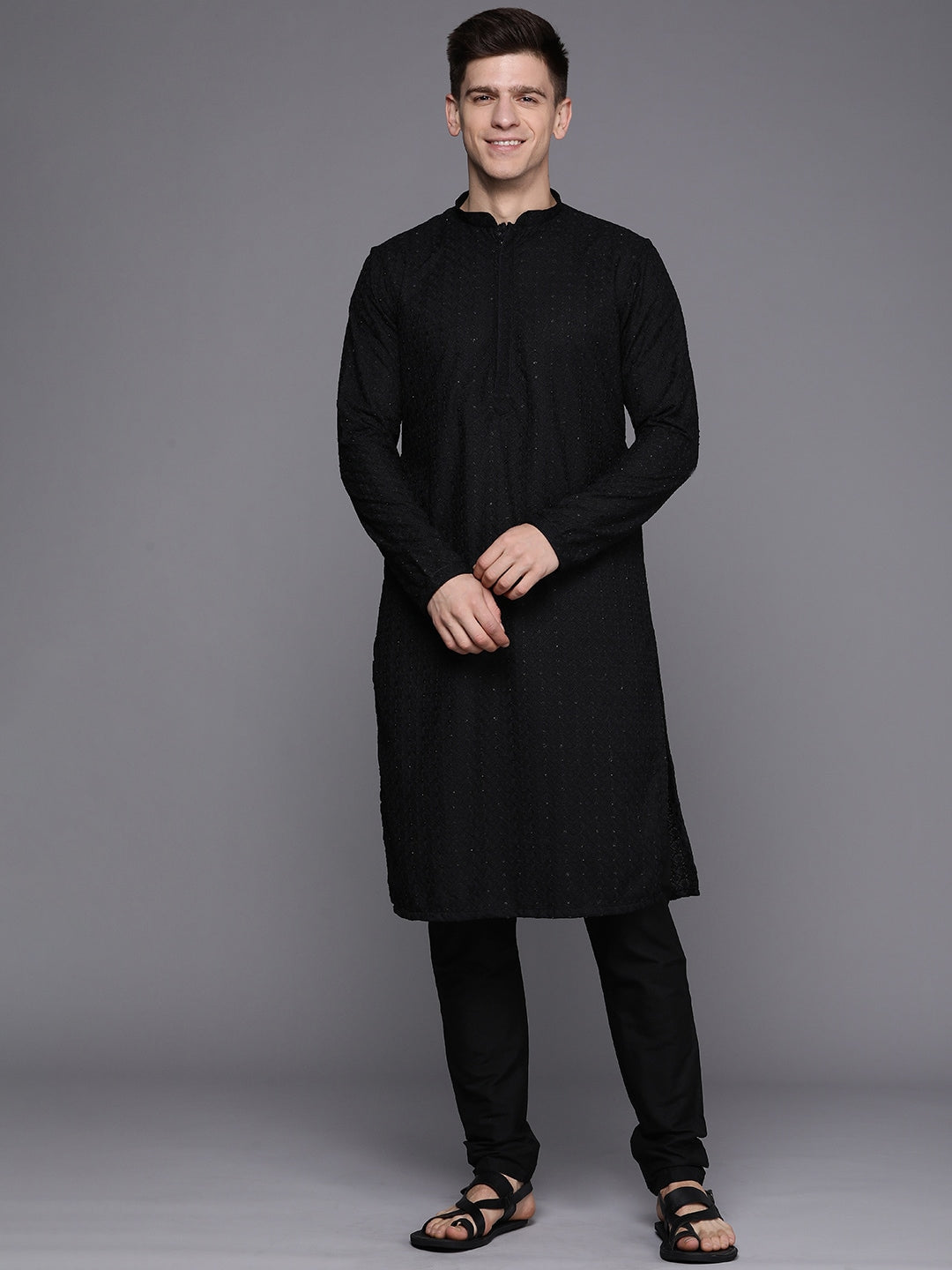 Manyavar Men Black Mandarin Collar Kurta Set - Distacart