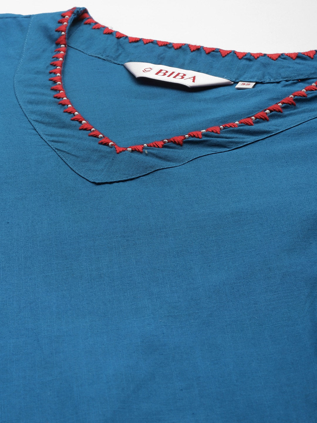 Biba Women Navy Blue Solid Embroidered Bead Detail A-Line Pure Cotton Kurta - Distacart