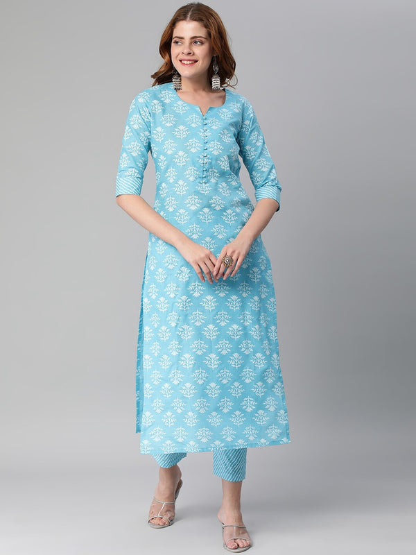 Kalini Floral Printed Notched Neck Straight Kurta With Trousers - Distacart