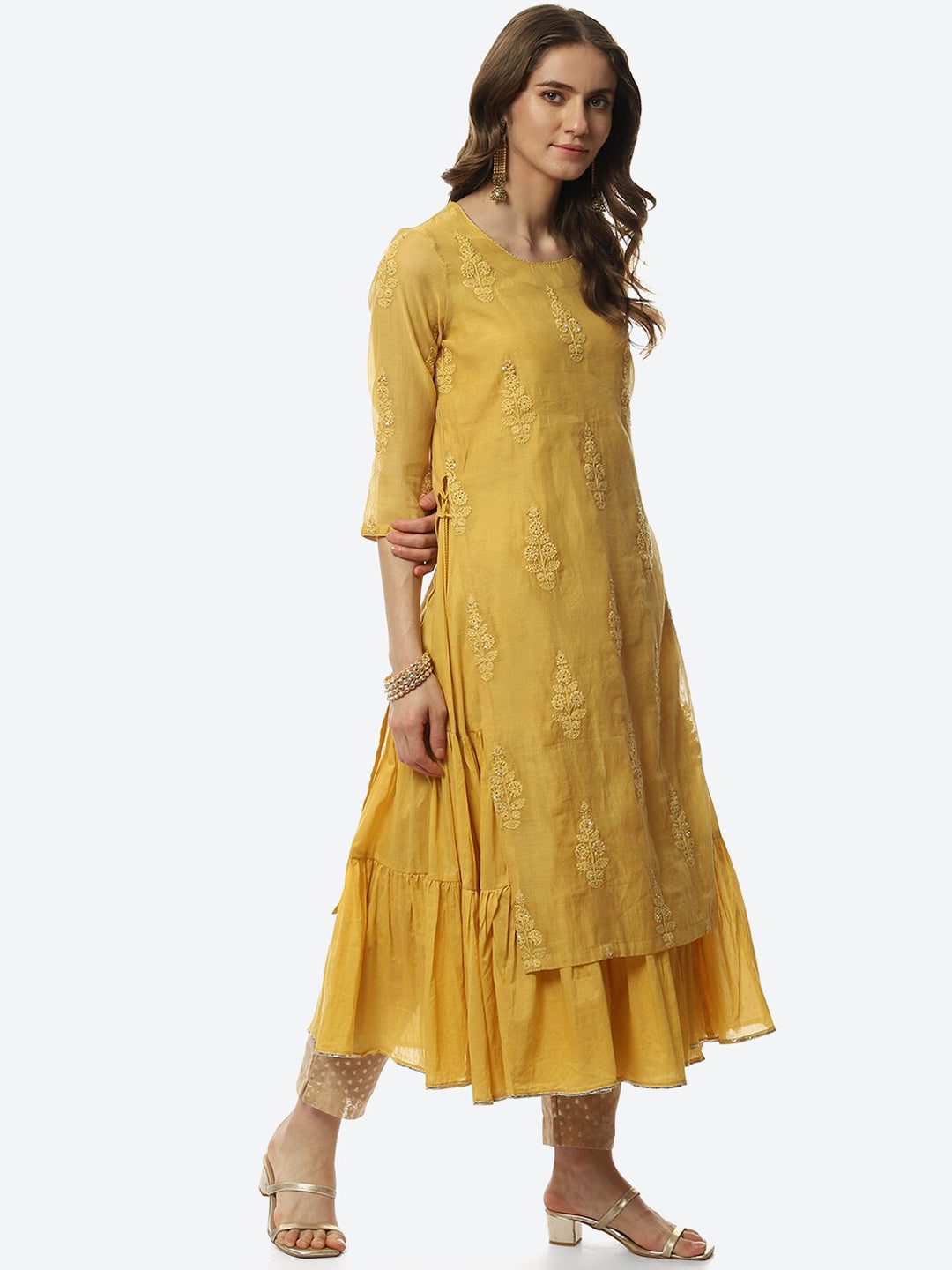 Biba Women Yellow Floral Embroidered Layered Kurta - Distacart