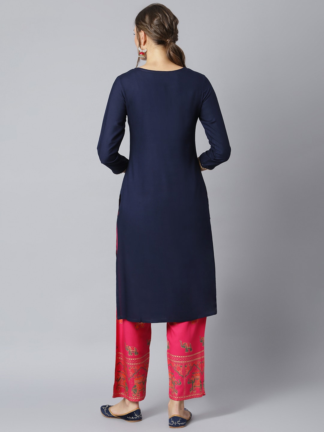 Khushal K Women Navy Blue & Red Yoke Design Viscose Rayon Kurta with Palazzos - Distacart