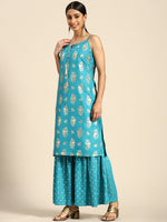 Thumbnail for Sangria Women Blue & Golden Ethnic Motifs Printed Kurta with Sharara & Dupatta - Distacart