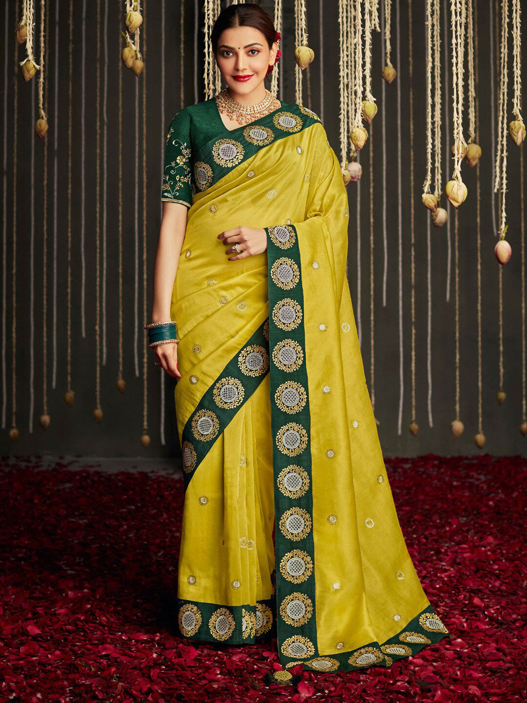 Mitera Yellow & Green Embellished Beads and Stones Silk Blend Saree - Distacart
