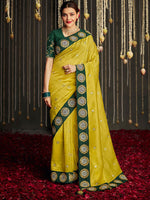 Thumbnail for Mitera Yellow & Green Embellished Beads and Stones Silk Blend Saree - Distacart