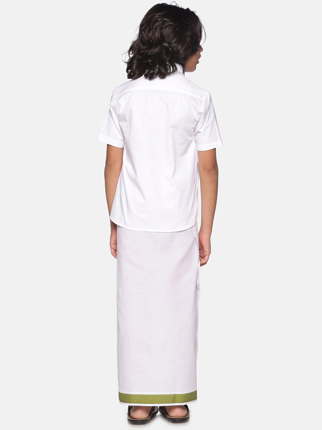 Sethukrishna Boys White & Green Cotton Shirt With Readymade Dhoti - Distacart