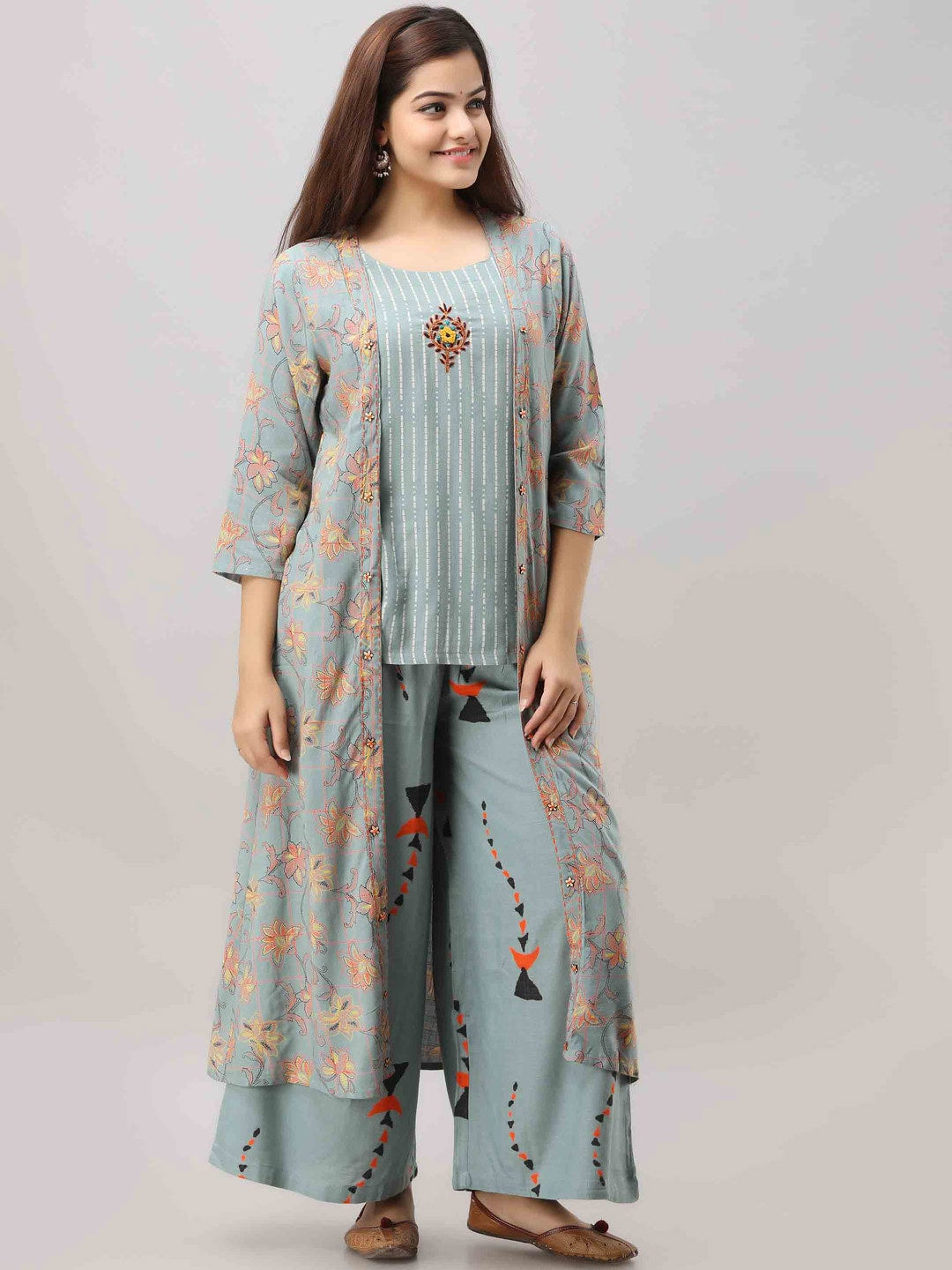 Kalini Women Blue Floral Embroidered Thread Work Kurti with Palazzos - Distacart