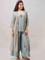 Thumbnail for Kalini Women Blue Floral Embroidered Thread Work Kurti with Palazzos - Distacart