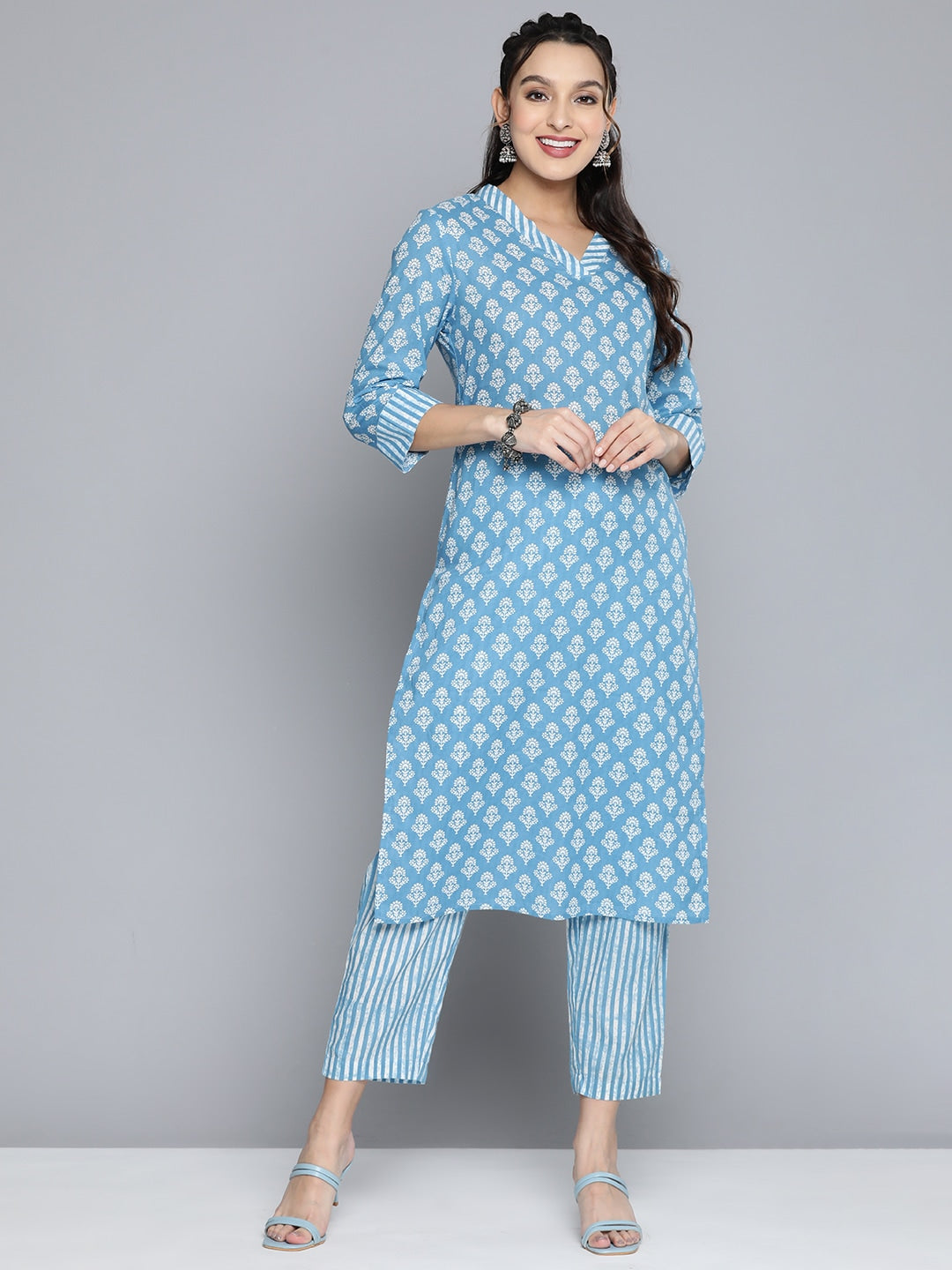 HERE&NOW Women Ethnic Motifs Printed Pure Cotton Kurta with Palazzos - Distacart