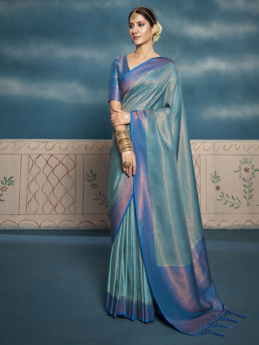 Mitera Turquoise Blue & Gold-Toned Ethnic Motifs Woven Design Zari Saree - Distacart