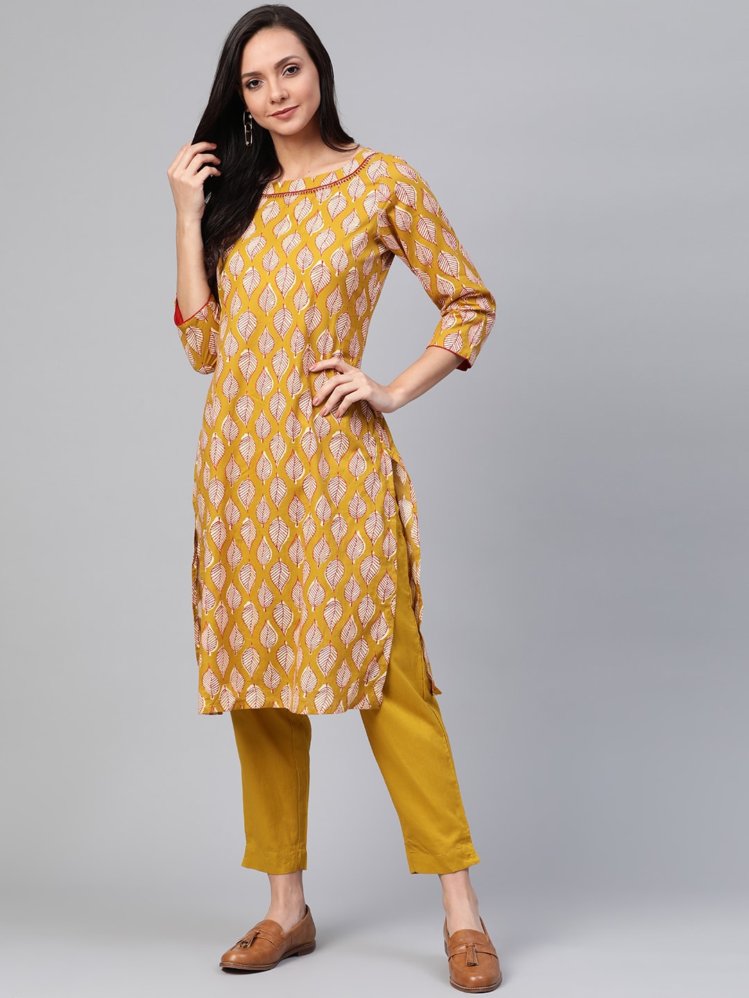 Sangria Women Mustard Yellow & Off-White Printed Kurta with Trousers - Distacart