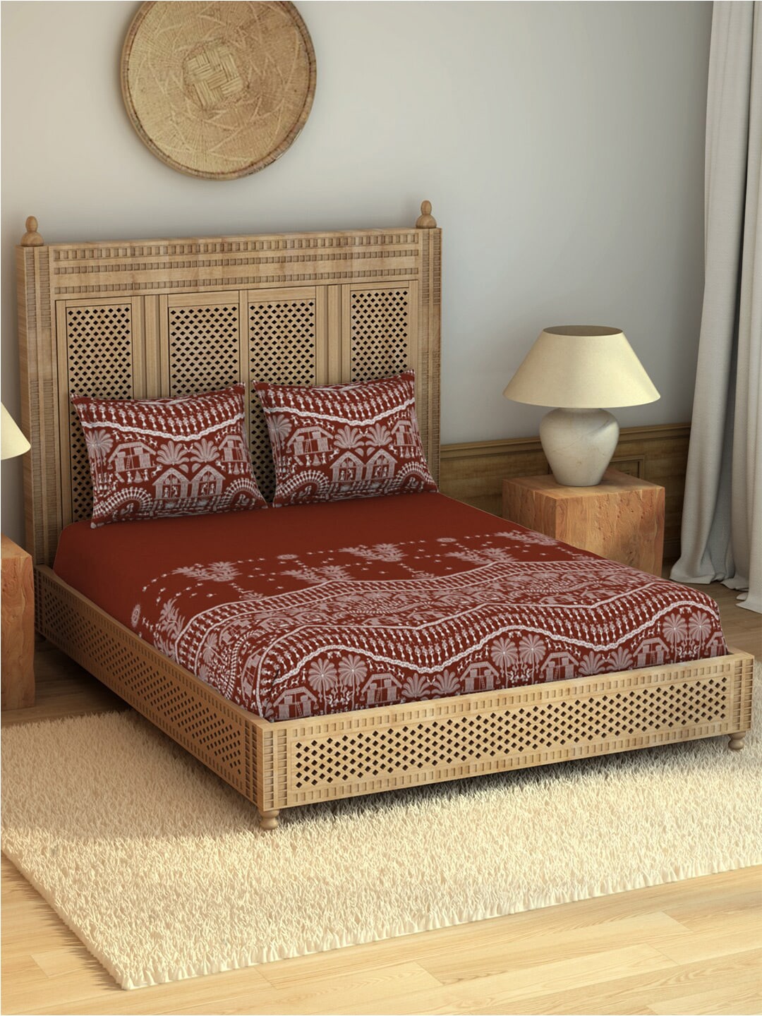 SPACES Warli Orange & White Printed Cotton 210 TC King Bedsheet with 2 Pillow Covers - Distacart