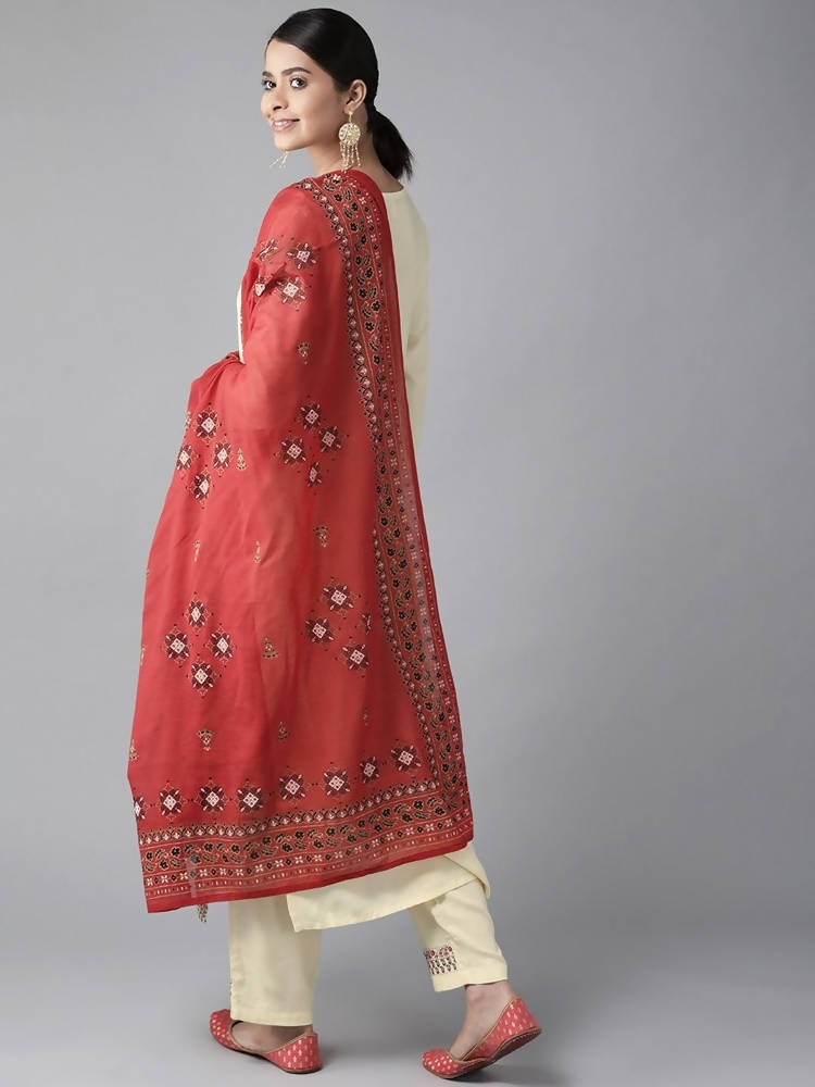 Yufta Women Cream-Coloured Ethnic Motifs Embroidered Regular Thread Work Kurta with Palazzo & With Dupatta