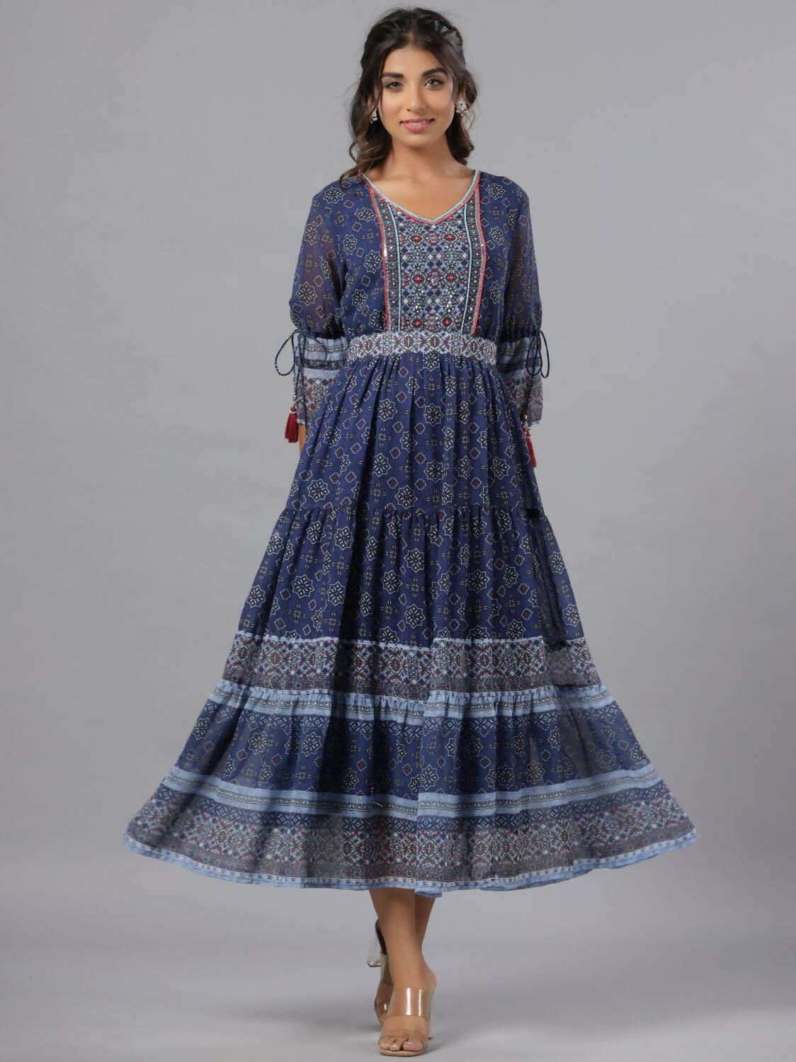 Juniper Women Navy Blue Georgette Geometric Printed Tiered Maxi Dress - Distacart