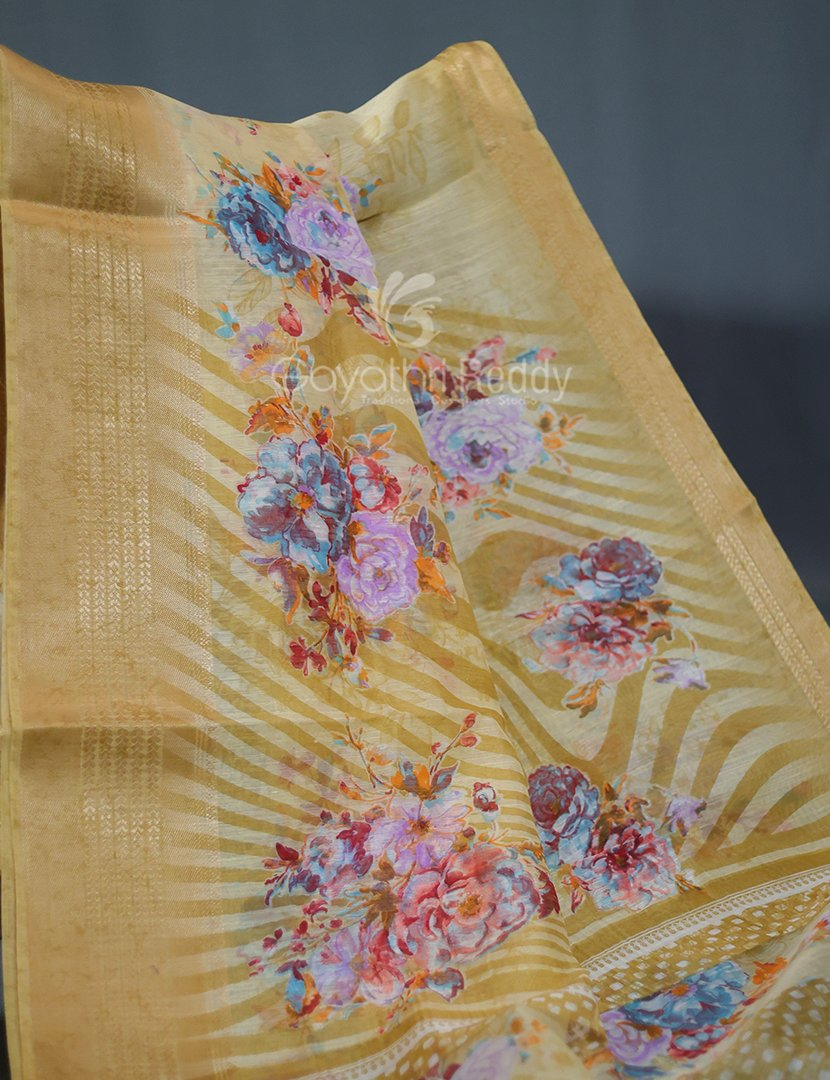 Shades of Light Khaki With Floral Print Semi Chanderi Saree By Gayathri Reddy Designer Studio - Distacart