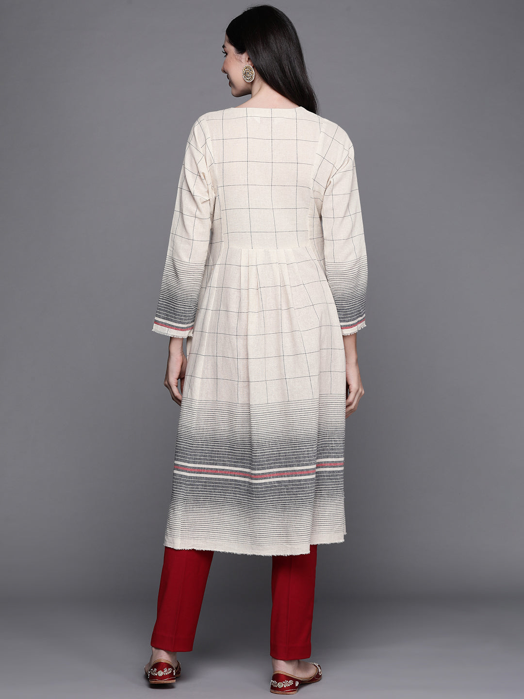 Biba Women Off White & Grey Checked Extended Sleeves Anarkali Kurta - Distacart