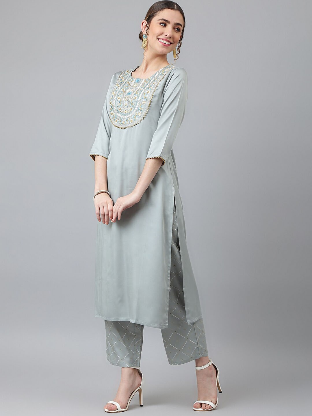 Khushal K Floral Yoke Design Sequined Kurta with Palazzos & Dupatta - Distacart