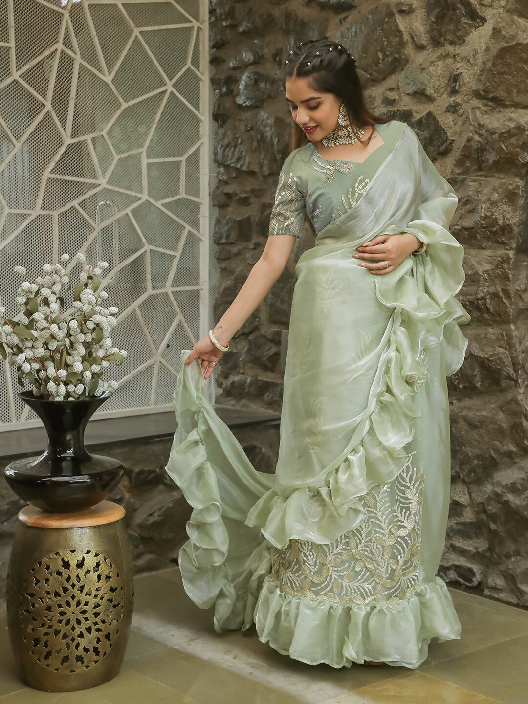 Tikhi Imli Embellished Sequinned Ruffled Ready to Wear Satin Saree - Distacart