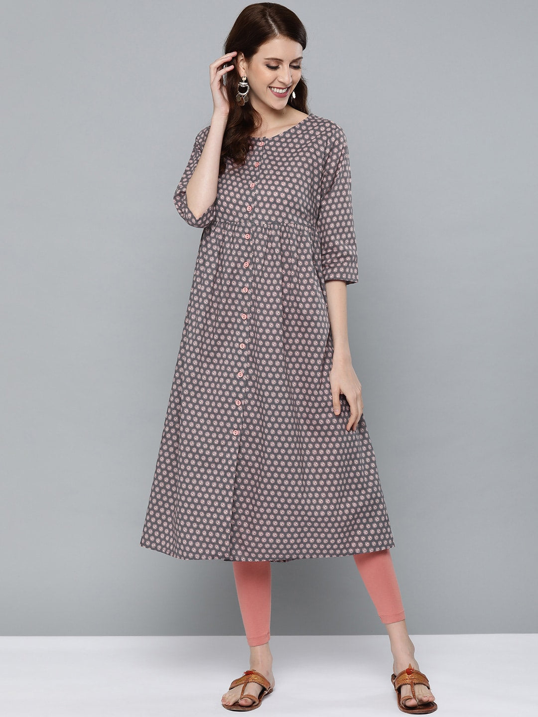 HERE&NOW Women Grey & Pink Floral Print Empire A-Line Kurta - Distacart
