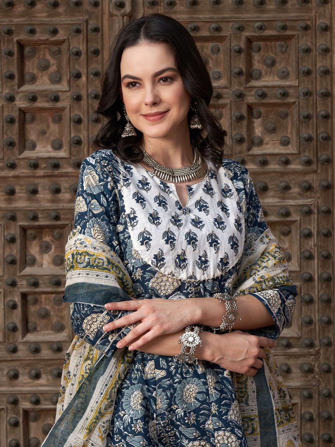 Sangria Navy Blue Floral Printed Pure Cotton Anarkali Kurta With Trouser & Dupatta - Distacart