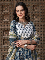 Thumbnail for Sangria Navy Blue Floral Printed Pure Cotton Anarkali Kurta With Trouser & Dupatta - Distacart