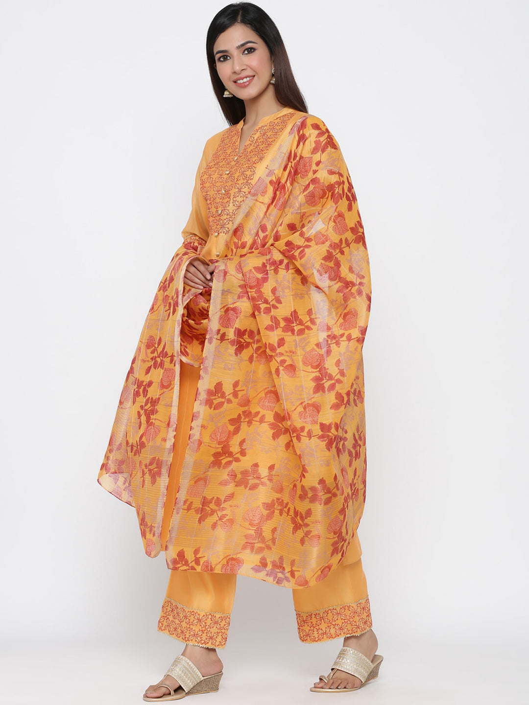 Jaipur Kurti Women Yellow & Pink Yoke Design Kurta with Palazzos & Dupatta - Distacart