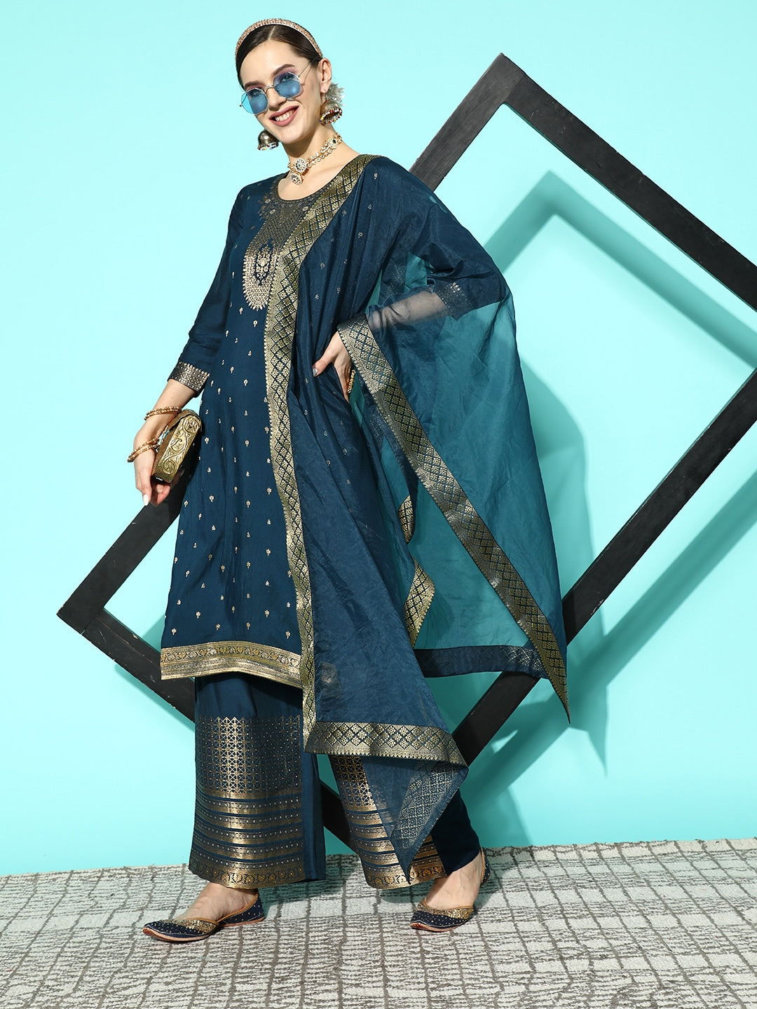 Sangria Women Floral Yoke Design Regular Kurta with Palazzos & With Dupatta - Distacart