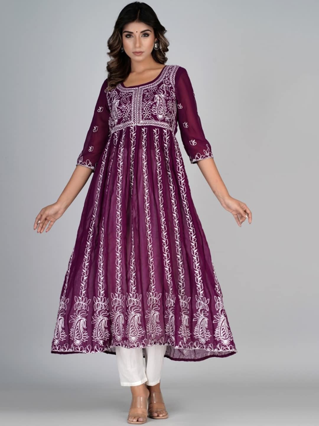 HERE&NOW Purple & White Floral Embroidered Paneled Georgette Anarkali Kurta - Distacart