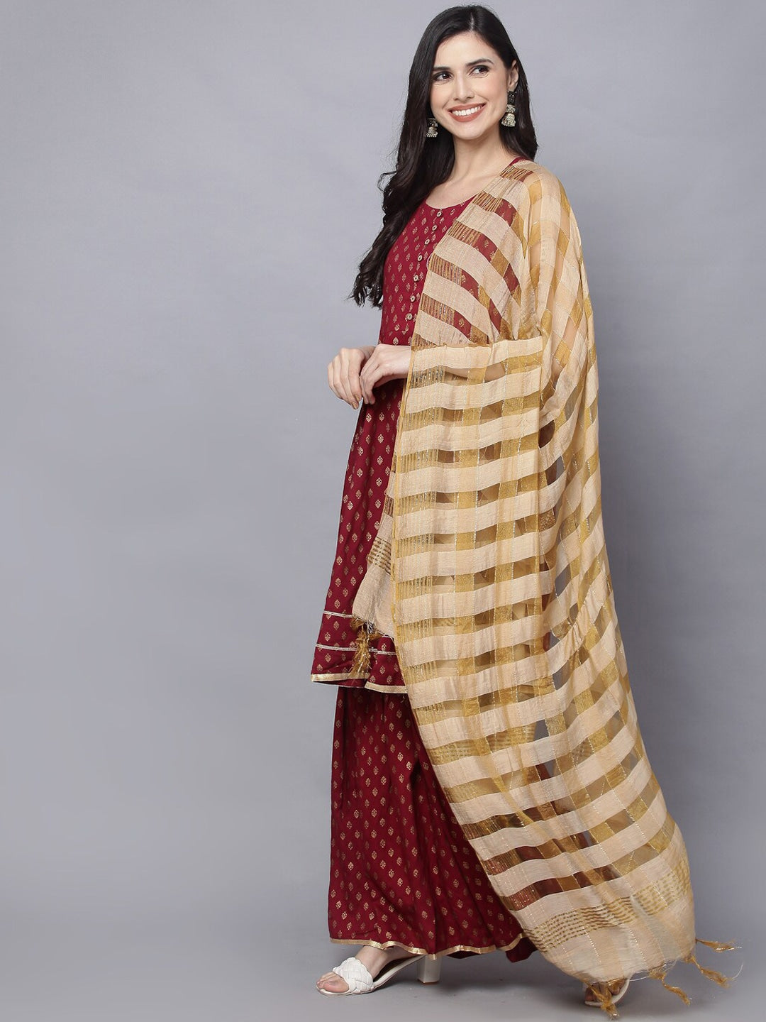 HERE&NOW Women Maroon Ethnic Motifs Printed Kurta with Palazzos & With Dupatta - Distacart