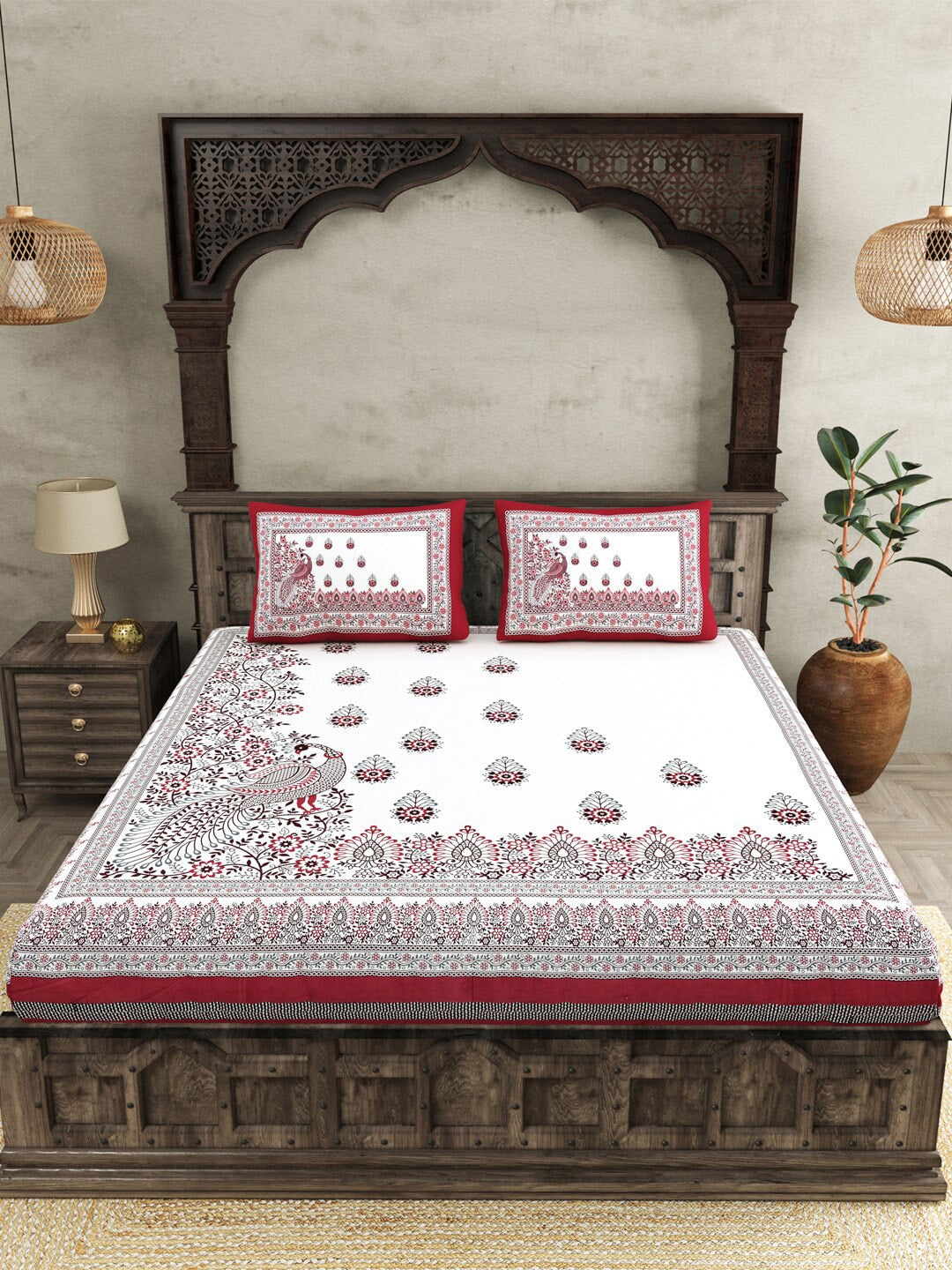 JAIPUR FABRICWhite Red Ethnic Motifs Cotton 250 TC King Bedsheet With 2 Pillow Covers - Distacart