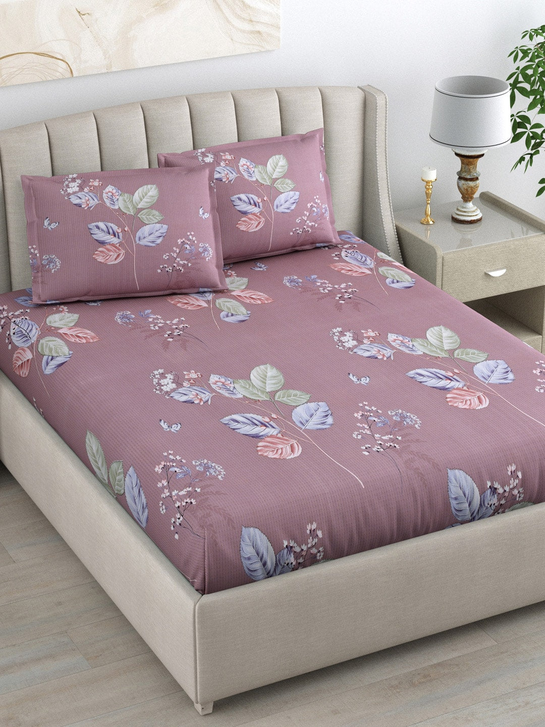 DREAM WEAVERZ 220 TC Pink & Blue Floral Glazed Cotton King Bedsheet with 2 Pillow Covers - Distacart