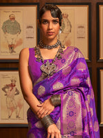 Thumbnail for Mitera Women Purple & Gold-Toned Woven Design Zari Silk Blend Banarasi Saree - Distacart