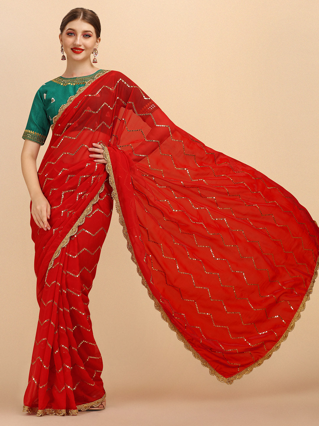 Sangria Red Embellished Sequinned Pure Georgette Saree - Distacart