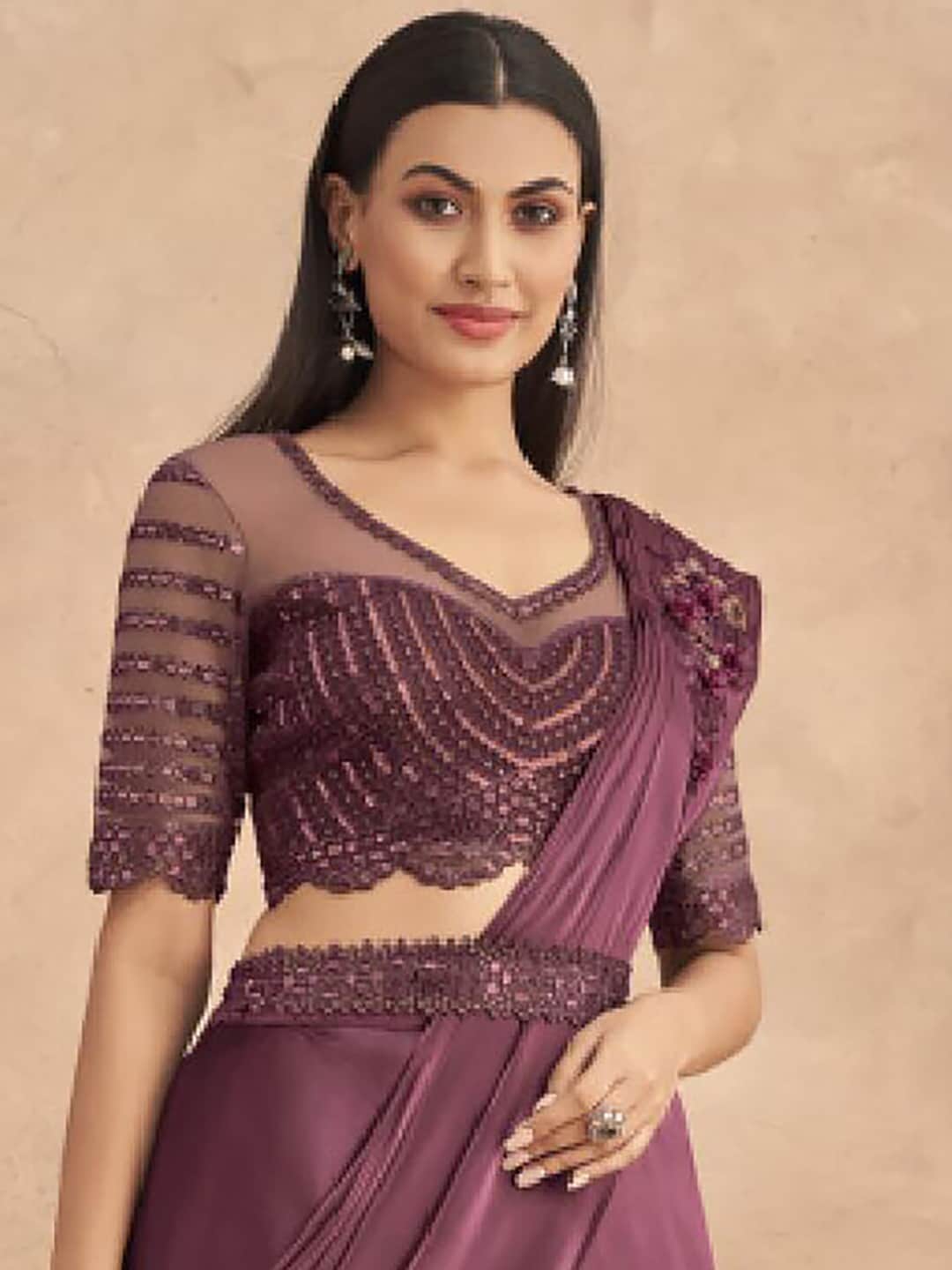 Mitera Magenta Embellished Patchwork Satin Lehenga Saree - Distacart