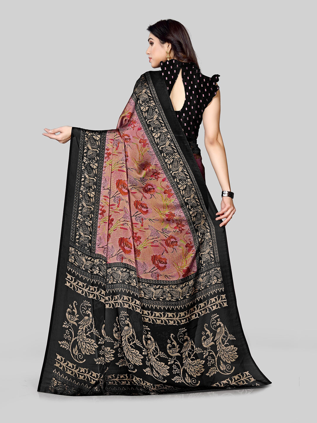 Kalini Pink & Black Floral Saree - Distacart