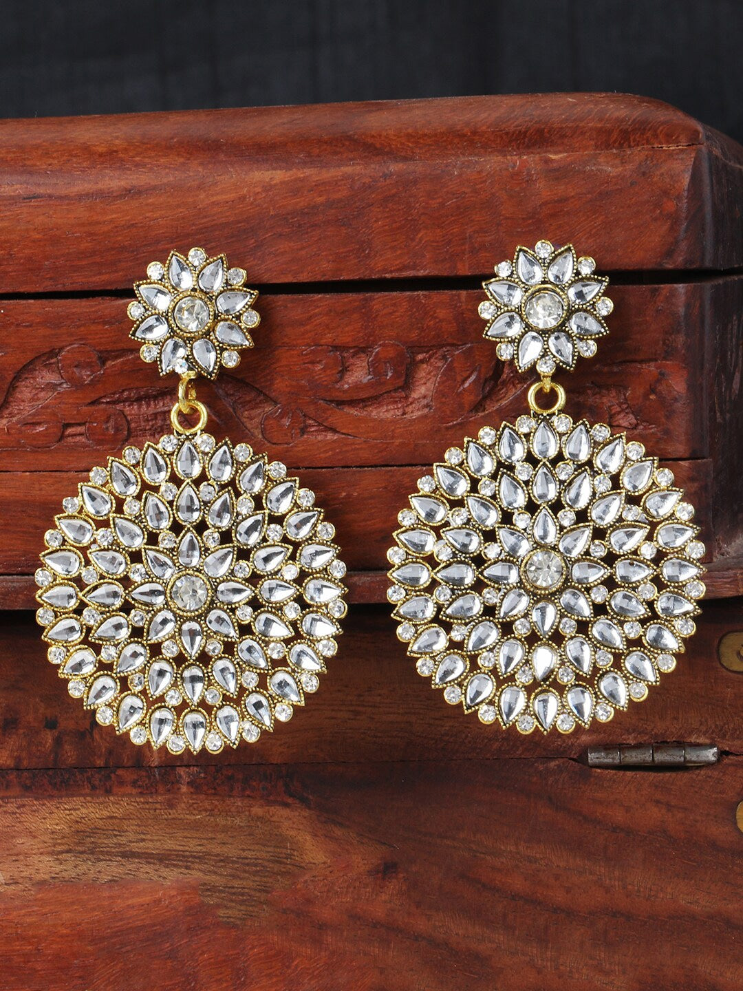 Gold-Plated Alloy Stone Studded Golden Round Earrings - The Pari - Distacart