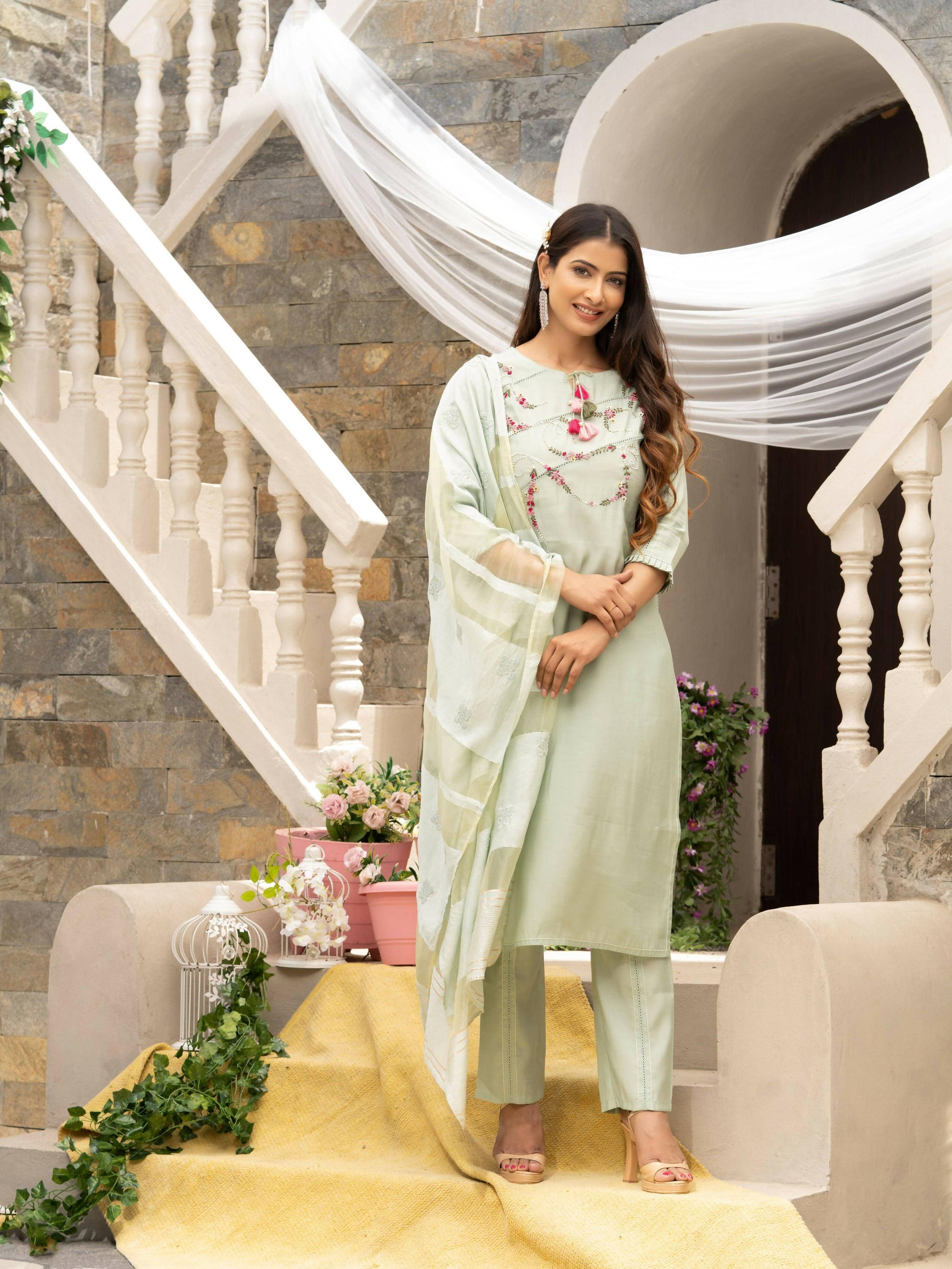 Pista Roman Silk Plain Kurta with Pant & Dupatta - Disha - Distacart